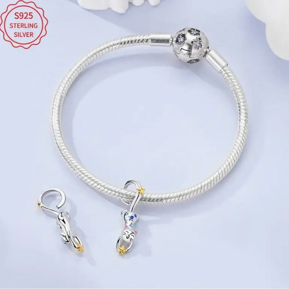 925 Star Catching Kitty Jewelry Charm-NEW